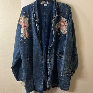 Oversized Jean Jacket with Floral Designs and Pockets - Medium